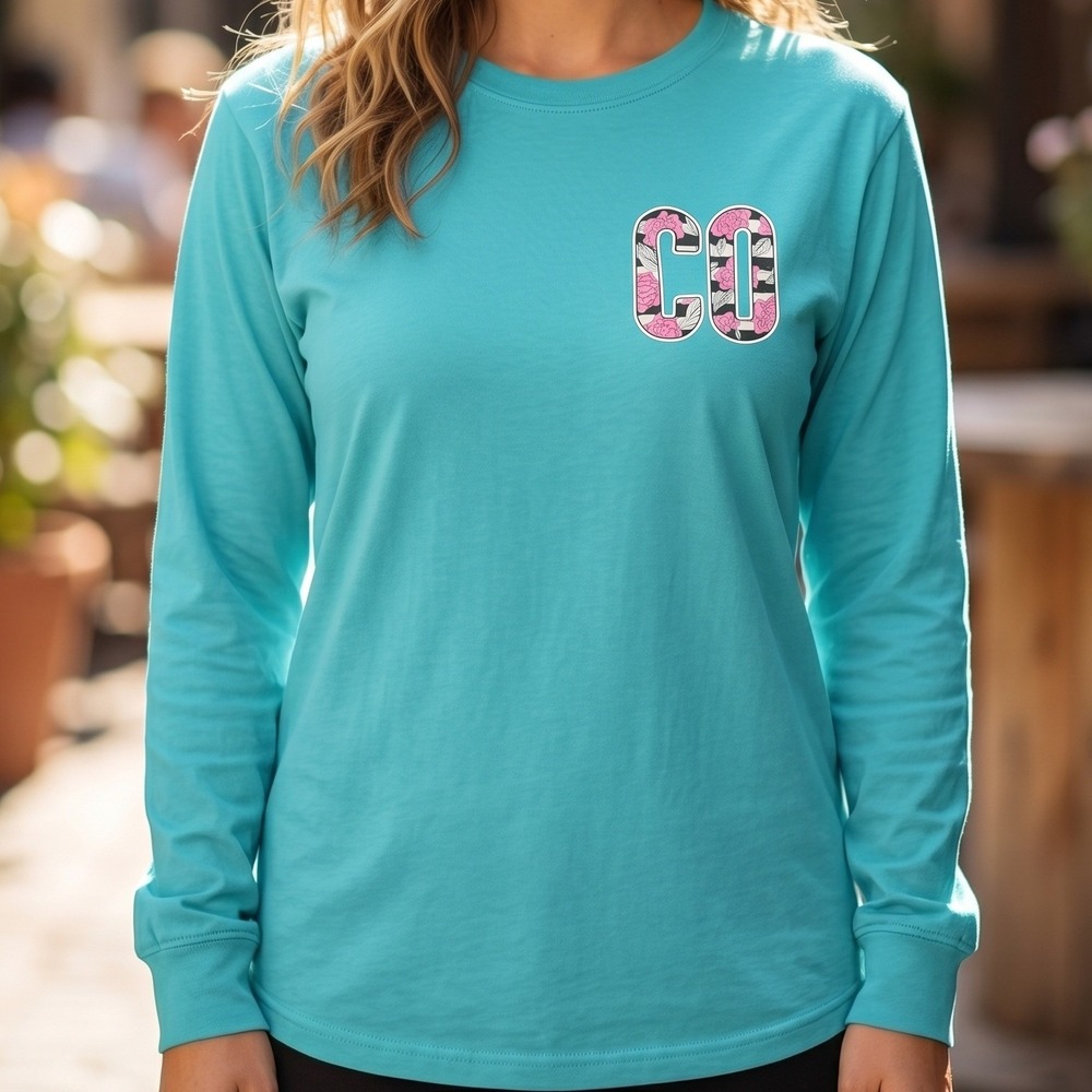 Royce Brand Colorado Floral Graphic Long Sleeve T-Shirt Turquoise Blue Cotton
